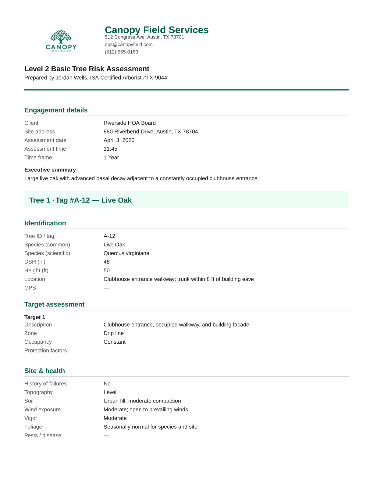 Sample Level 2 PDF preview for a live oak rated Extreme risk (fabricated demo)