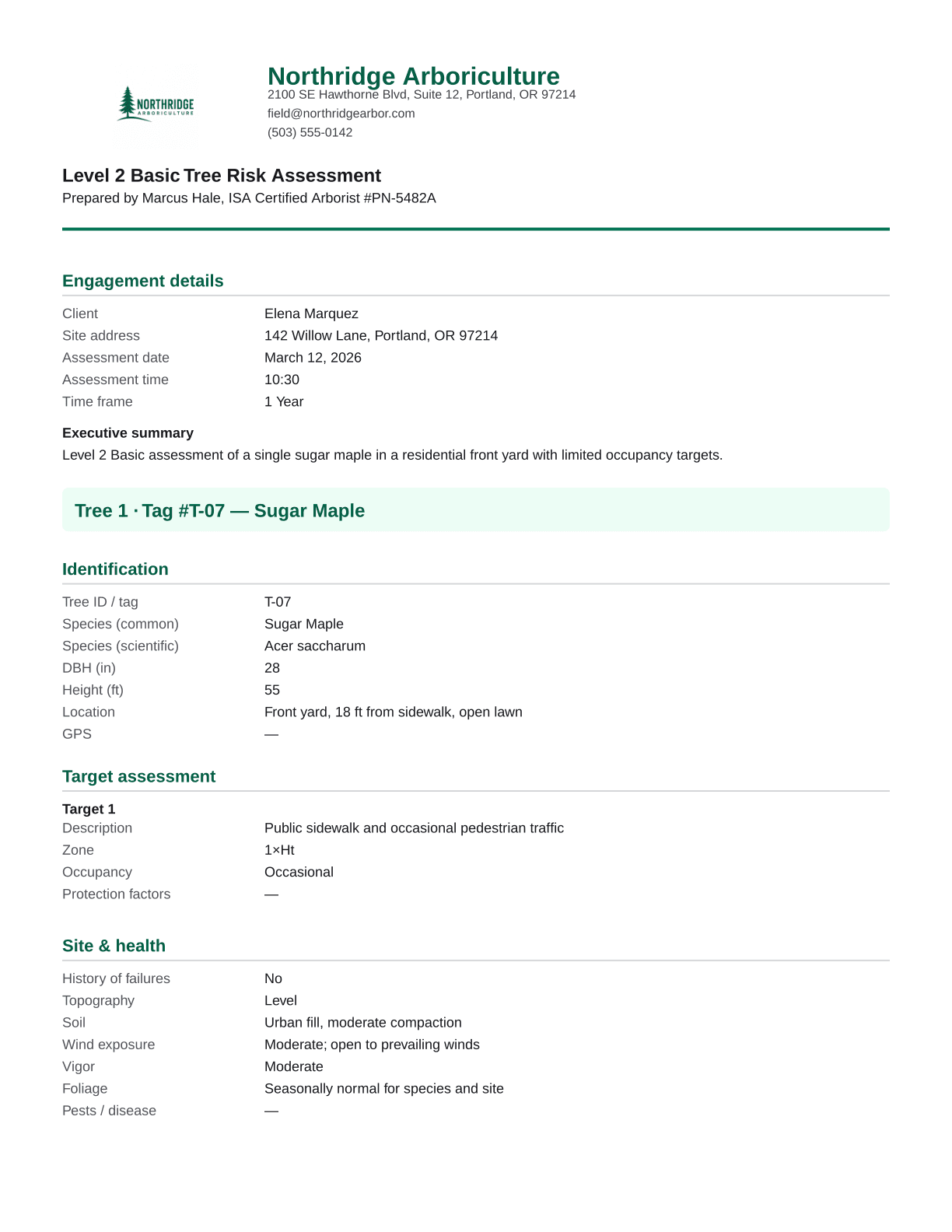 Sample Level 2 PDF preview for a sugar maple rated Low risk (fabricated demo)