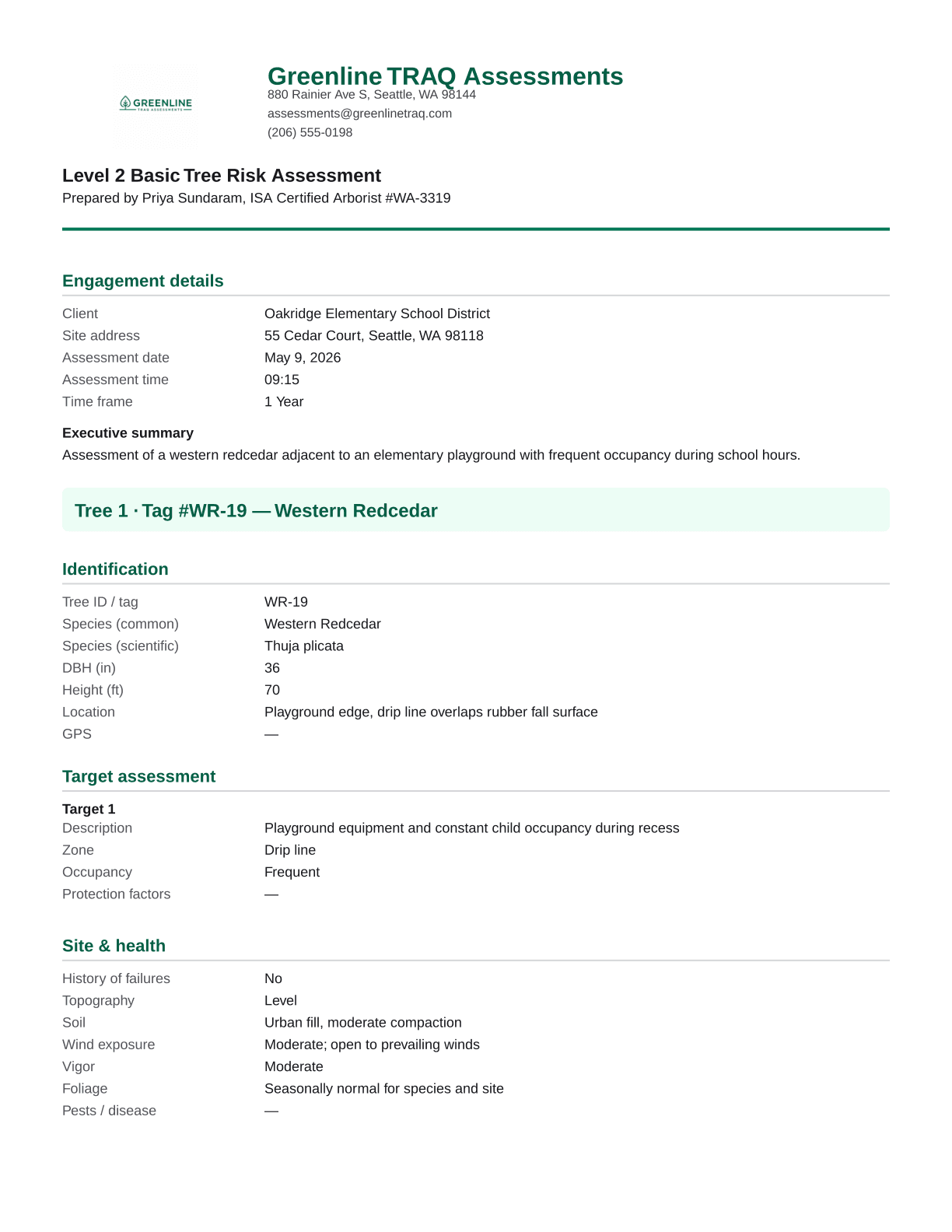 Sample Level 2 PDF preview for a western redcedar rated Moderate risk (fabricated demo)
